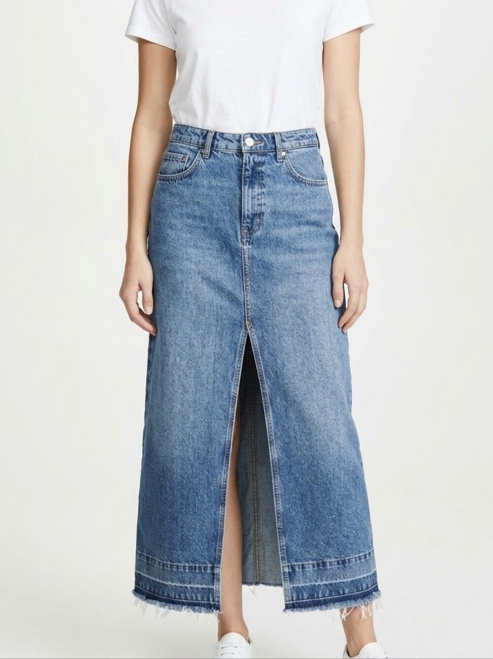 BDG Urban Outfitters Denim Maxi Skirt Size Large Front Slit Raw Frayed Hem Long